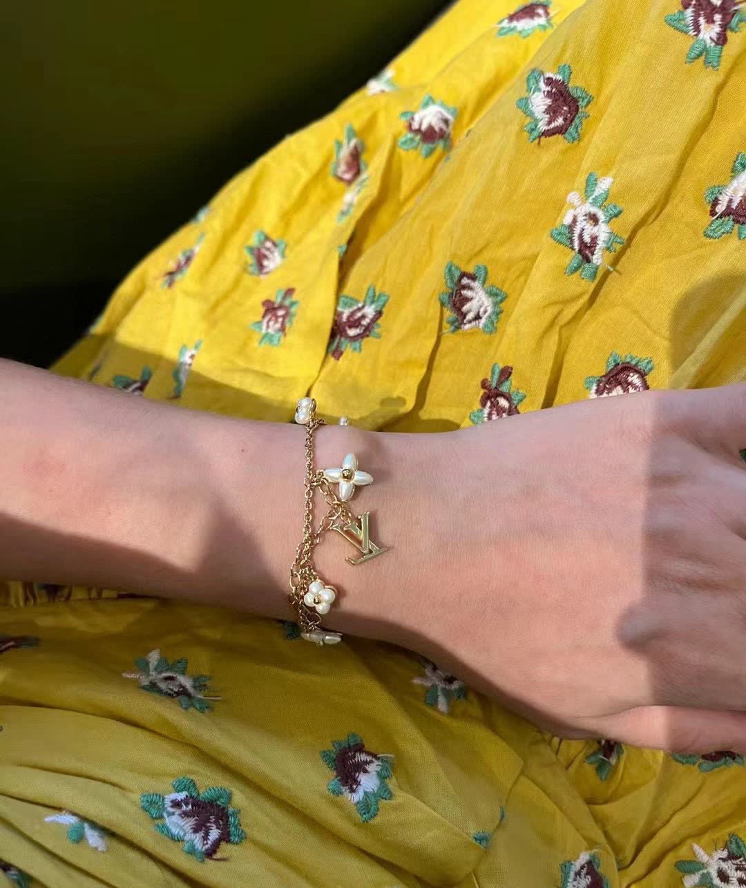 Louis Vuitton Gold Tone Bracelet with Pearls and Logo